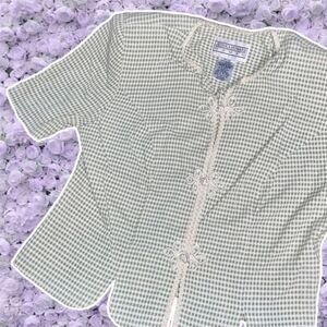 Vintage 80s Shoulder Padded Blouse Stretchy Pastel Green Checkered Girly Kawaii